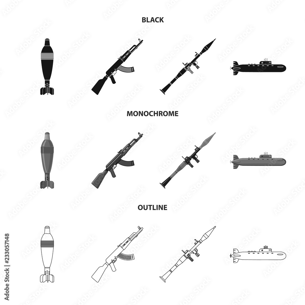 Vector illustration of weapon and gun icon. Set of weapon and army vector icon for stock. Vector illustration of weapon and gun icon. Set of weapon and army vector icon for stock.