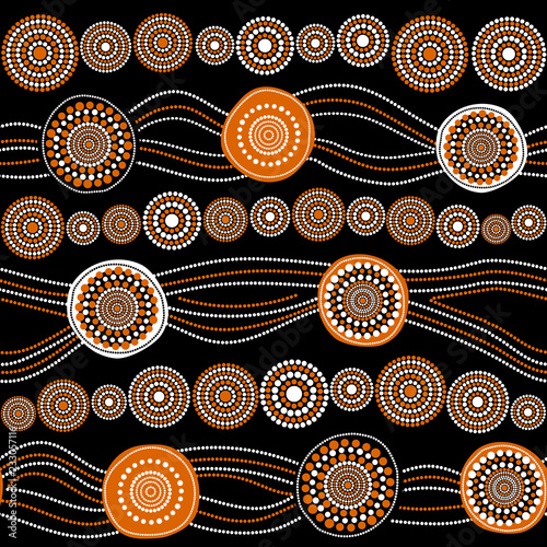 Australian aboriginal seamless vector pattern with dotted circles, rings and crooked stripes