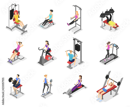 Set of workout for men and women on exercise machines. photo