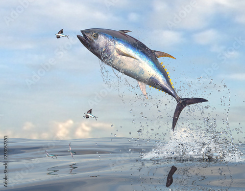 Flying fishes running away from yellow tail tuna fish 3d Render