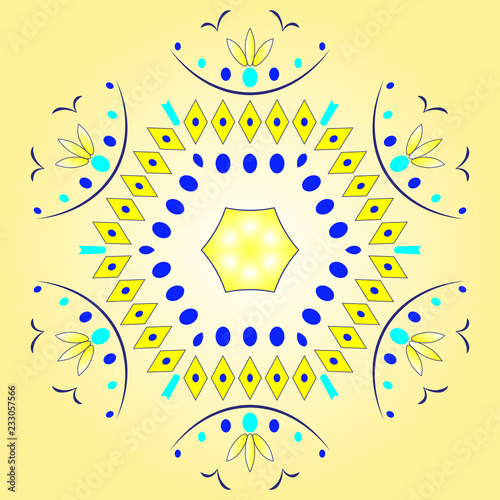 ornament in a circle, blue, green, pink. pattern