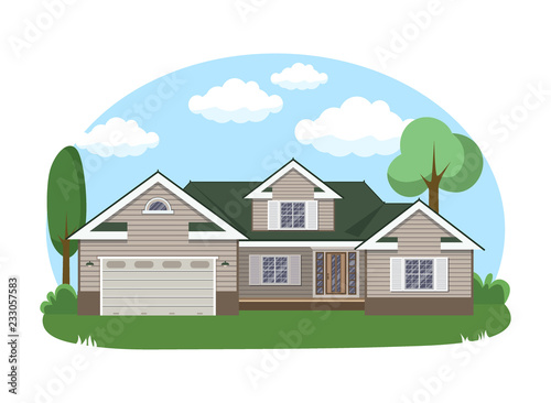 Cartoon house exterior with blue clouded sky Front Home Architecture Concept Flat Design Style. Vector illustration of Facade Building.