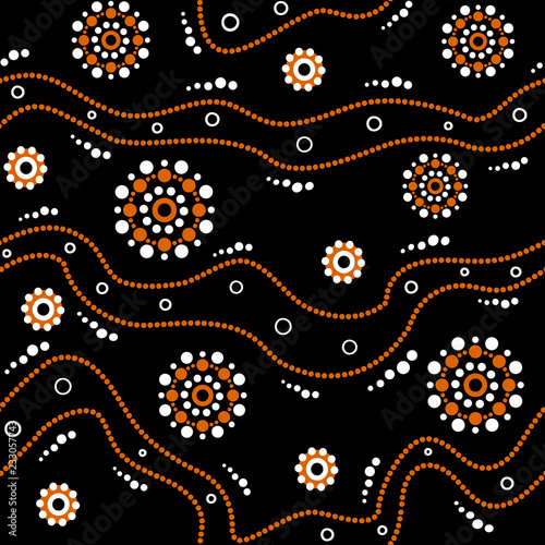 Australian aboriginal seamless vector pattern with dotted circles, rings and crooked stripes