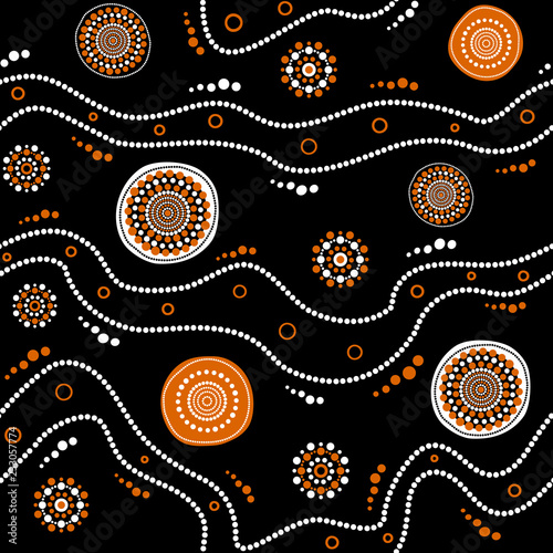 Australian aboriginal seamless vector pattern with dotted circles, rings and crooked stripes