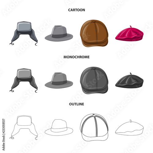 Vector illustration of headgear and cap symbol. Set of headgear and accessory vector icon for stock.
