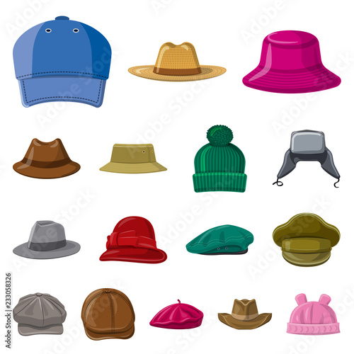 Isolated object of headgear and cap icon. Collection of headgear and accessory stock vector illustration.