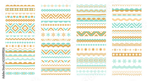 Geometric patterns, borders, decorative design elemenis. Ornaments, brushes, greeting symbols set.