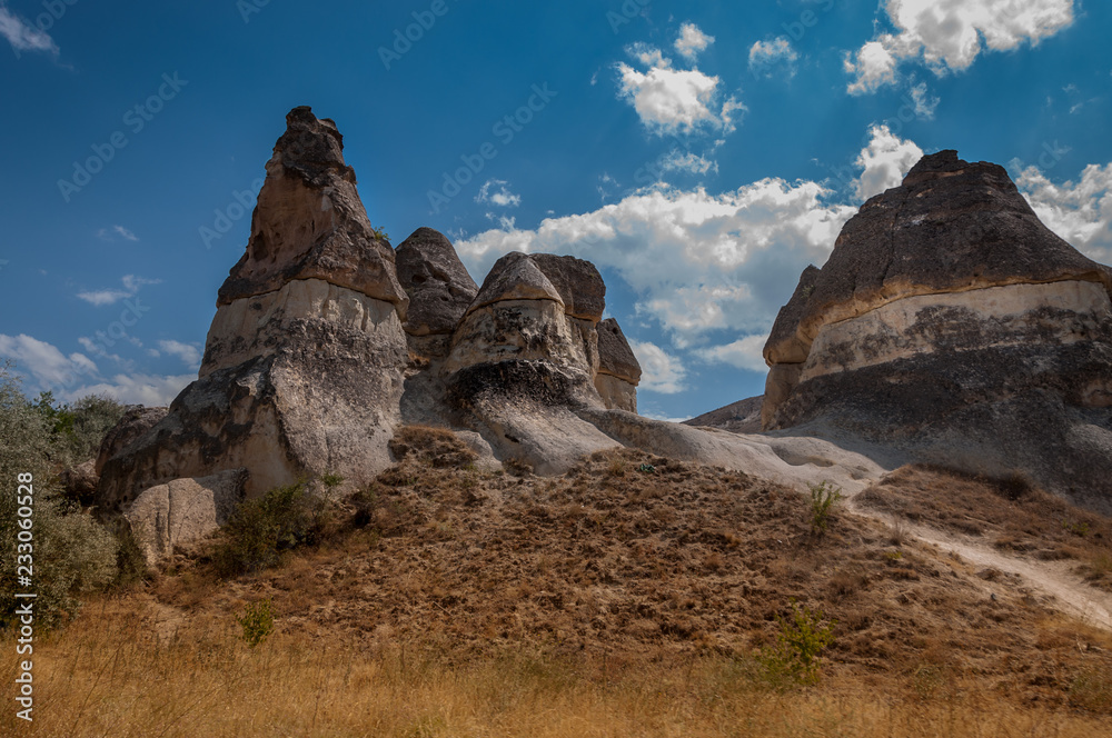 Detail from the structure of Cappadocia. Impressive fairy chimneys of sandstone in the canyon near Cavusin village, Cappadocia, Nevsehir Province in the Central Anatolia Region of Turkey. Overcast sky