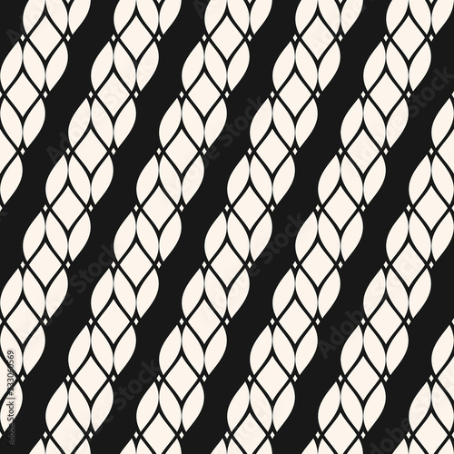 Black and white vector seamless pattern with diagonal ropes, stripes, cords