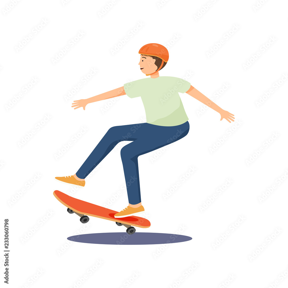 Young guy in a helmet rides a skateboard and performs various difficult stunts.