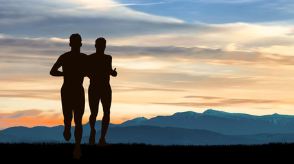 Sierkussen Joggen Twee mannen hardlopend bij zonsondergang  © ginettigino