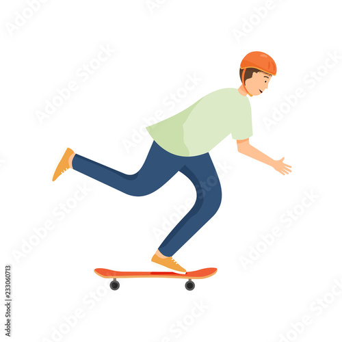 Young guy in a helmet rides a skateboard and performs various difficult stunts.