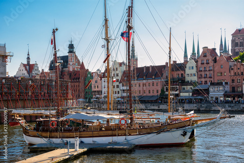 Beautiful view of historic port over Motlawa river and Old Town with traditional architecture in Gdansk, Poland