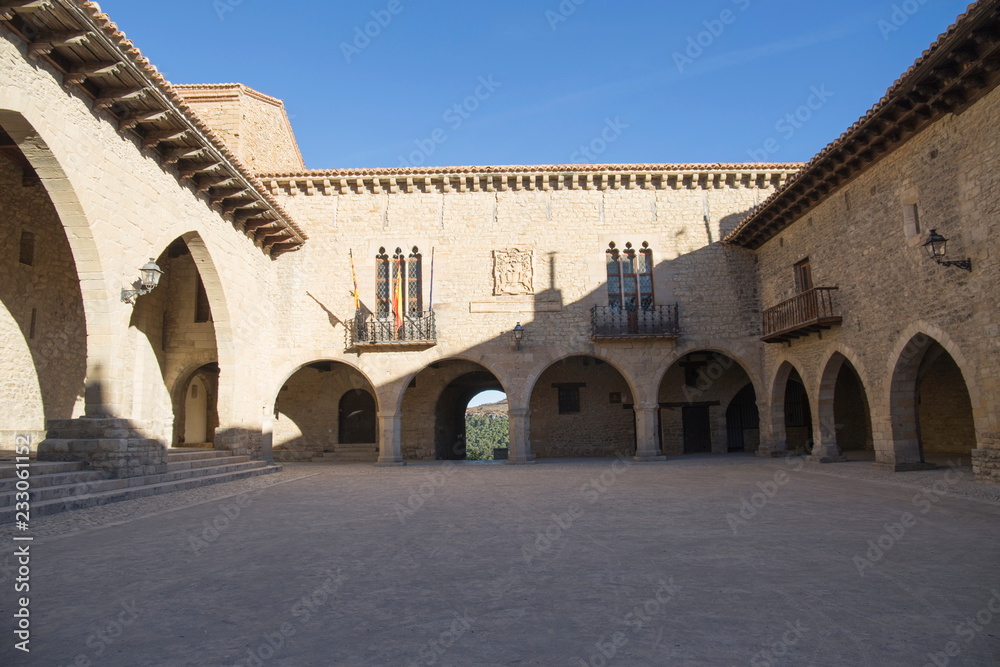 Medieval main square in Cantavieja Maestrazgo county Teruel Aragon Spain