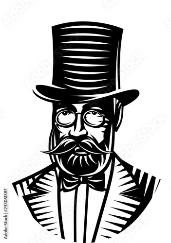 Vector monochrome illustration of a gentleman and top hat for the club