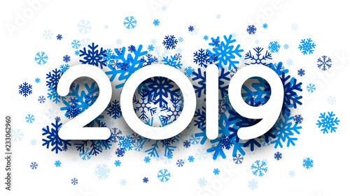 White New Year 2019 winter poster with blue snowflakes.