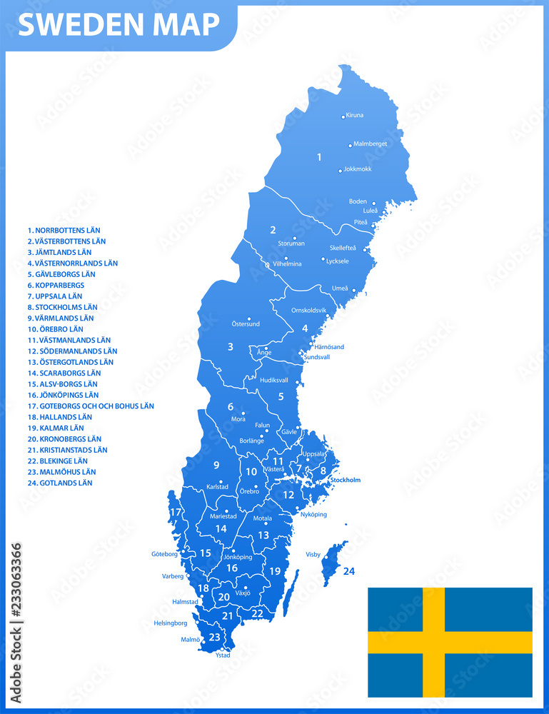 Φωτογραφία The detailed map of Sweden with regions or states and cities, capital