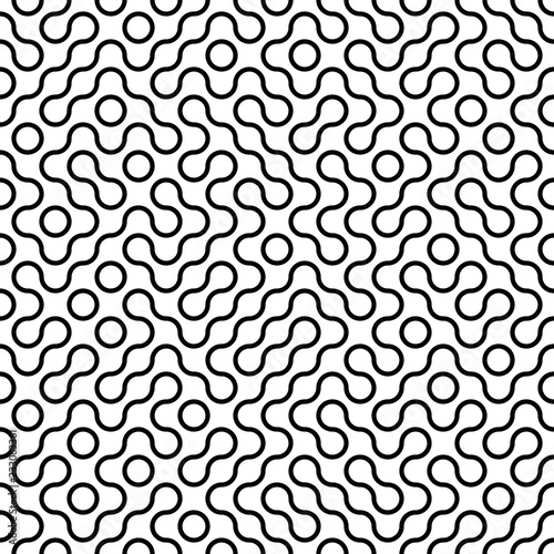 Seamless fractal halftone circles pattern. Truchet curved tiled background. Geometric irregular backdrop