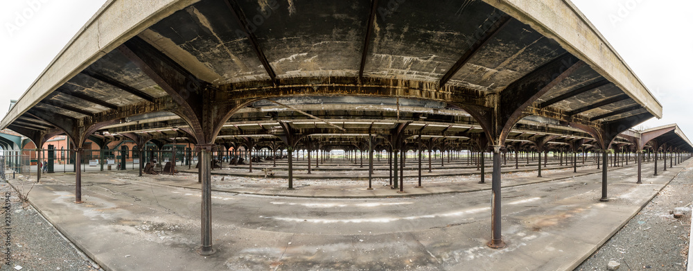 Derelict railway platforms in the historic Bush Train Shed located next to the Central Railroad of New Jersey Terminal