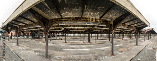Derelict railway platforms in the historic Bush Train Shed located next to the Central Railroad of New Jersey Terminal