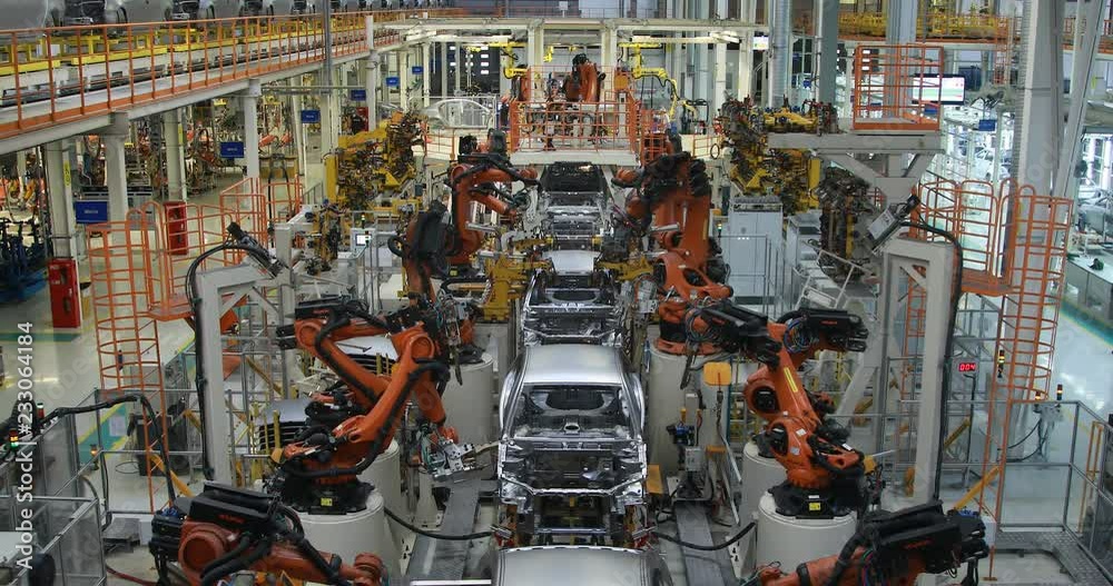 body of car on conveyor top view. Modern Assembly of cars at the plant. The automated build process of the car body
