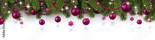 Christmas and New Year banner with fir branches and pink Christmas balls.