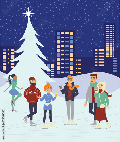 Young people skaiting on winter ice rink
