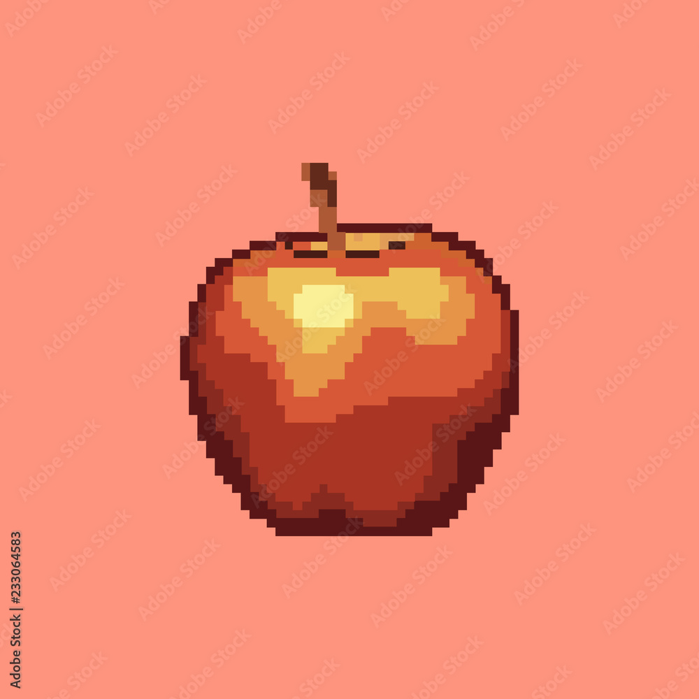 Obraz premium Pixel apple icon. Beautiful vector fruit on red background