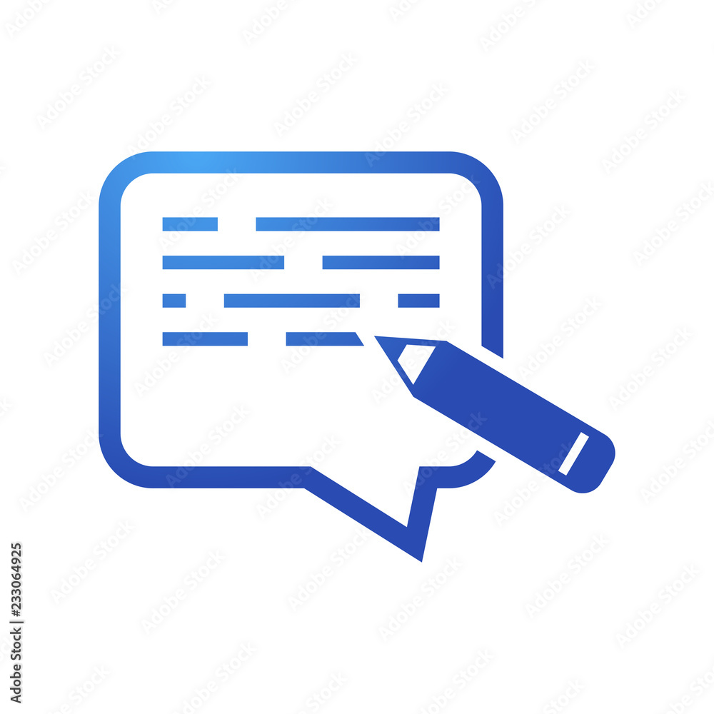 Icono plano escribir mensaje en burbuja con texto y lápiz en color azul Icono plano escribir mensaje en burbuja con texto y lápiz en color azul