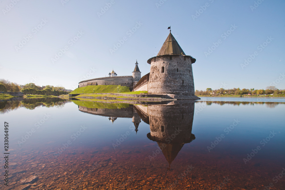 Sightseeing Russia. Gold ring, the city of Pskov. Towers of the Kremlin