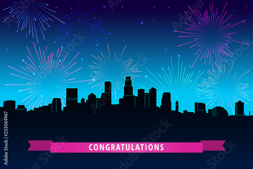 Fireworks composition Vector illustration in flat design Bright colorful fireworks is flashing on dark blue background Design template with copy space