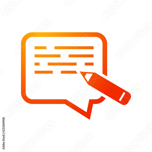 Icono plano escribir mensaje en burbuja con texto y lápiz en color naranja