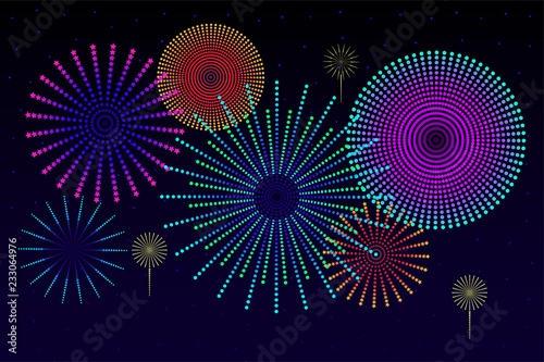 Fireworks composition Vector illustration in flat design Bright colorful fireworks is flashing on dark blue background Design template with copy space
