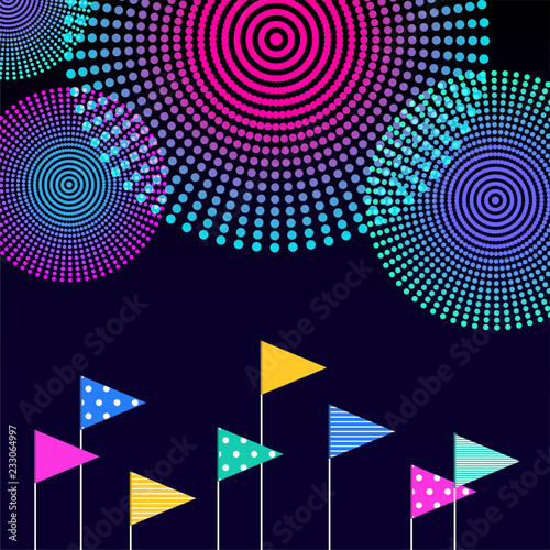Fireworks composition Vector illustration in flat design Bright colorful fireworks is flashing on dark blue background Design template with copy space
