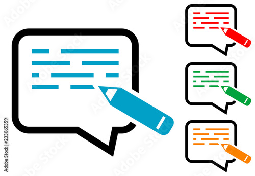 Icono plano escribir mensaje en burbuja con texto y lápiz en varios colores
