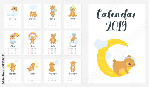 2019 cute teddy bear calendar