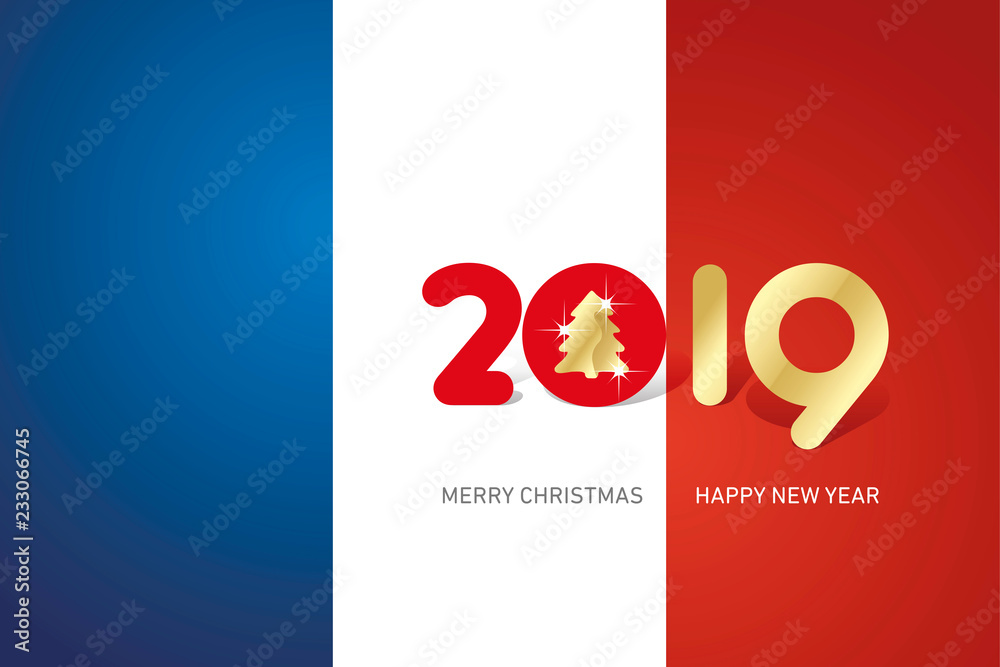 Merry Christmas Happy New Year 2019 Christmas tree cute creative typography blue white red flag banner