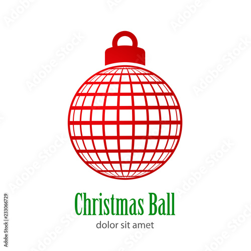 Logotipo con texto Christmas Ball con patrón de cuadrados en perspectiva en bola de color rojo
