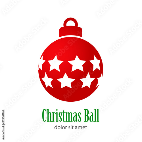 Logotipo con texto Christmas Ball con estrellas horizontal perspectiva en bola de color rojo