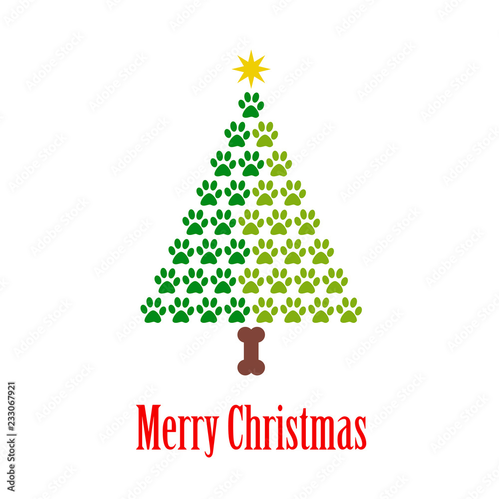Logotipo con texto Merry Christmas con árbol de navidad abstracto con pisadas de gato en dos tonos de verde