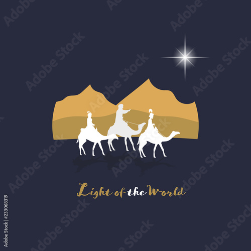 Christmas time. The three kings follow the star to Bethlehem. Text : Light of the world