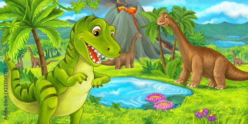 cartoon scene with happy dinosaur tyrannosaurus rex near erupting volcano and diplodocus - illustration for children © agaes8080