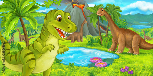cartoon scene with happy dinosaur tyrannosaurus rex near erupting volcano and diplodocus - illustration for children © agaes8080