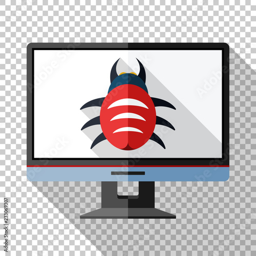 Monitor icon in flat style with bug on the screen and long shadow on transparent background
