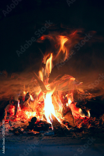 Fire wood brighly burning in furnace. Fire and flames photo