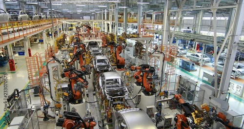body of car on conveyor top view. Modern Assembly of cars at the plant. The automated build process of the car body