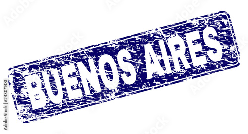 BUENOS AIRES stamp seal print with distress style. Seal shape is a rounded rectangle with frame. Blue vector rubber print of BUENOS AIRES label with corroded style.