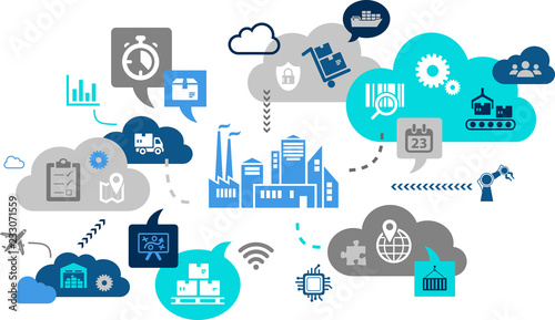 Smart logistics -  packaging, transportation, inventory, materials handling, information flow - vector illustration