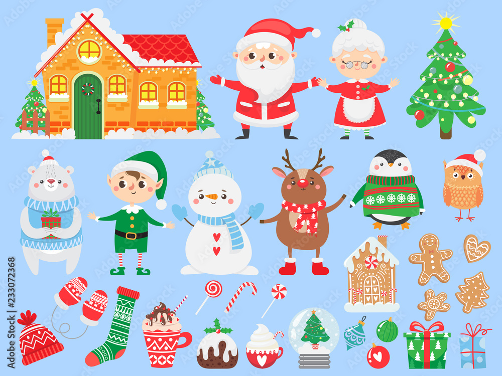 Set of Christmas and New Year elements. Santa Claus & Mrs. Claus. Funny Elf, deer, bear, snowman and penguin. Winter Holidays. Vector illustration.