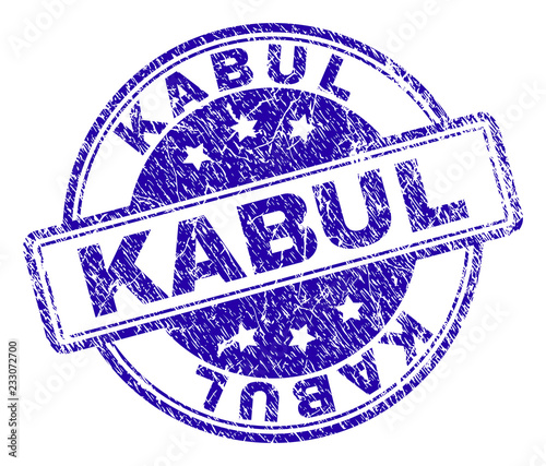 KABUL stamp seal watermark with distress texture. Designed with rounded rectangles and circles. Blue vector rubber print of KABUL title with corroded texture.